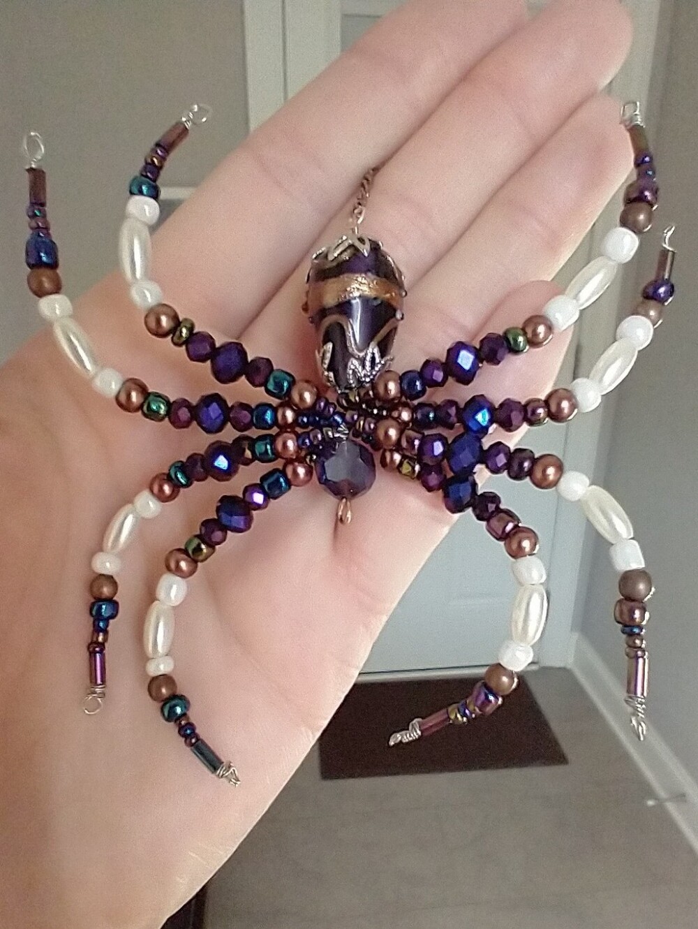 Hand Crafted • Beaded Spider Pendant Necklace - Purple, Brown & Pearl - Picture 1 of 12
